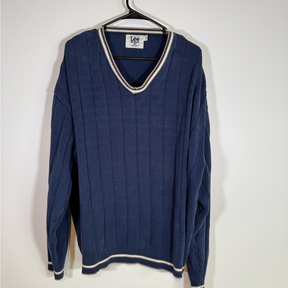 Vintage 90s Lee Sport Men’s XL Blue Ribbed V-Neck Sweater Striped Trim Preppy